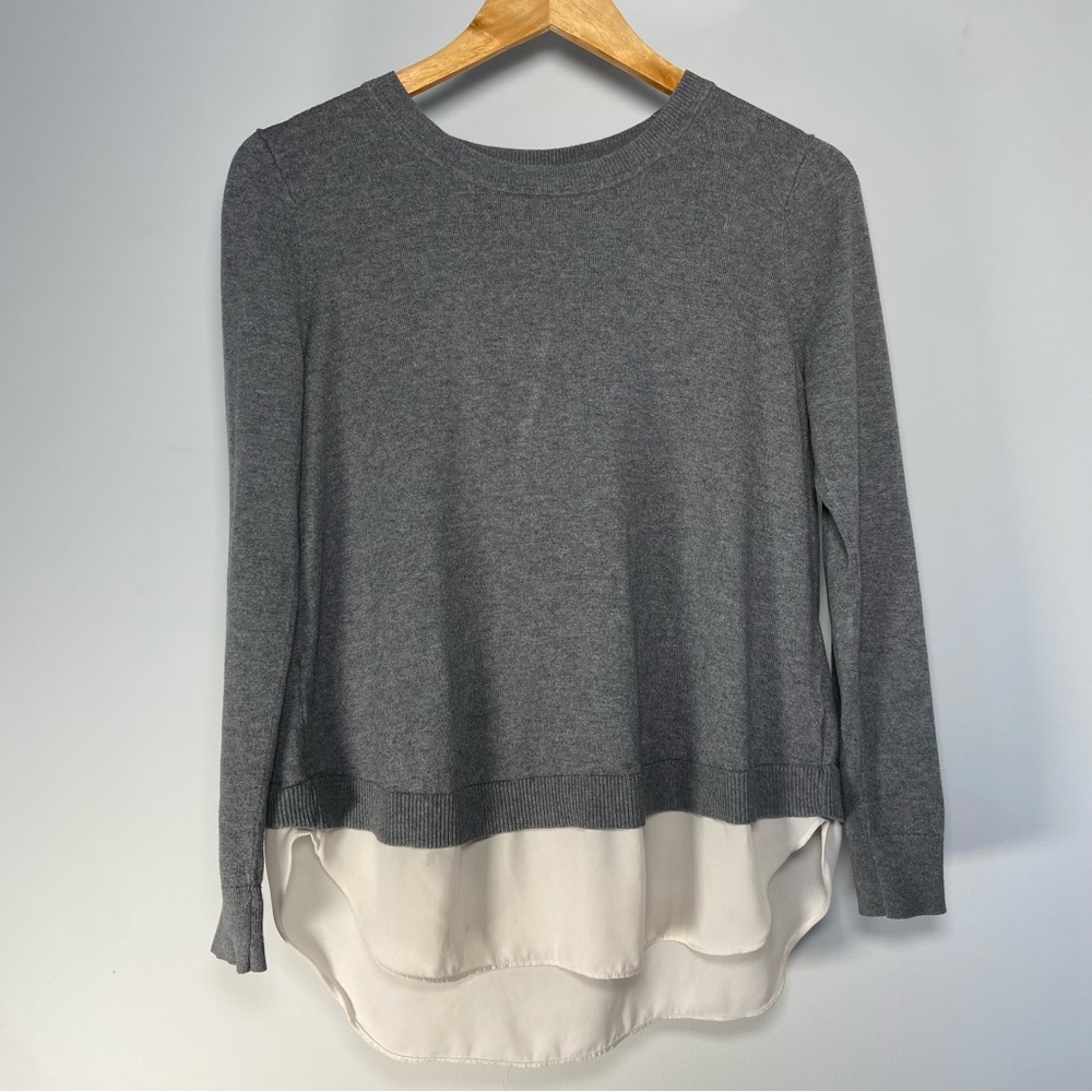Loft Grey Sweater Layered Sheer White Lining Split Back Ruffle Preppy Clueless - Picture 1 of 9